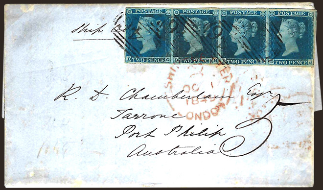 1841, 2d. blue imperforate strip of four used on SHIP LETTER to Victoria, Australia
