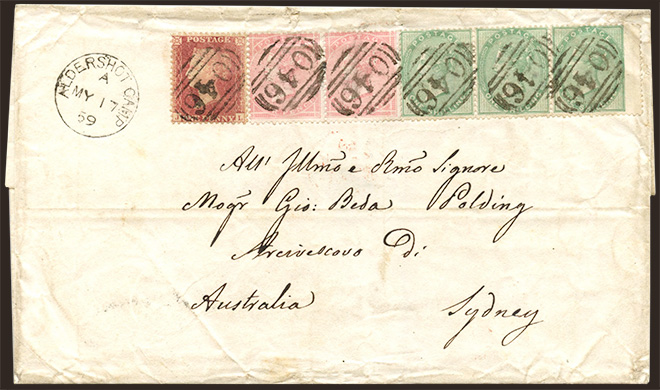 1855/57, 4d (2) + 1s. (3) + 1d. used on cover from the famous Archbishop Polding correspondence, dispatched from ALDERSHOT (MILITARY) CAMP  to Sydney, New South Wales.